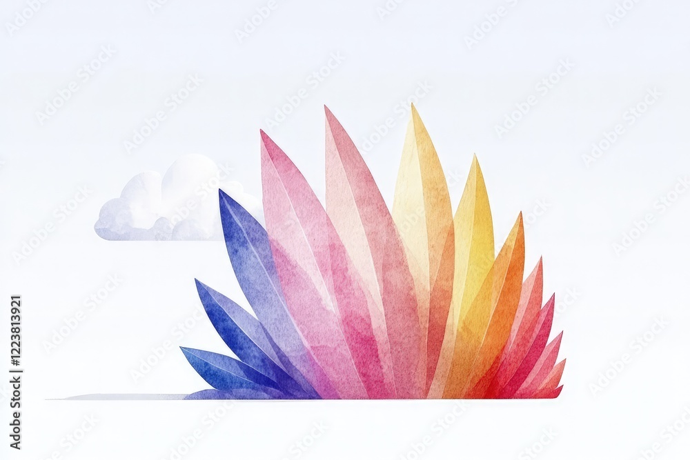 Abstract colorful shapes resembling petals against a light background with a single cloud Abstract colorful shapes resembling petals against a light background with a single cloud