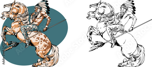 Illustration vector of Native American Indian riding horse with a spear. Hand drawn vintage style
