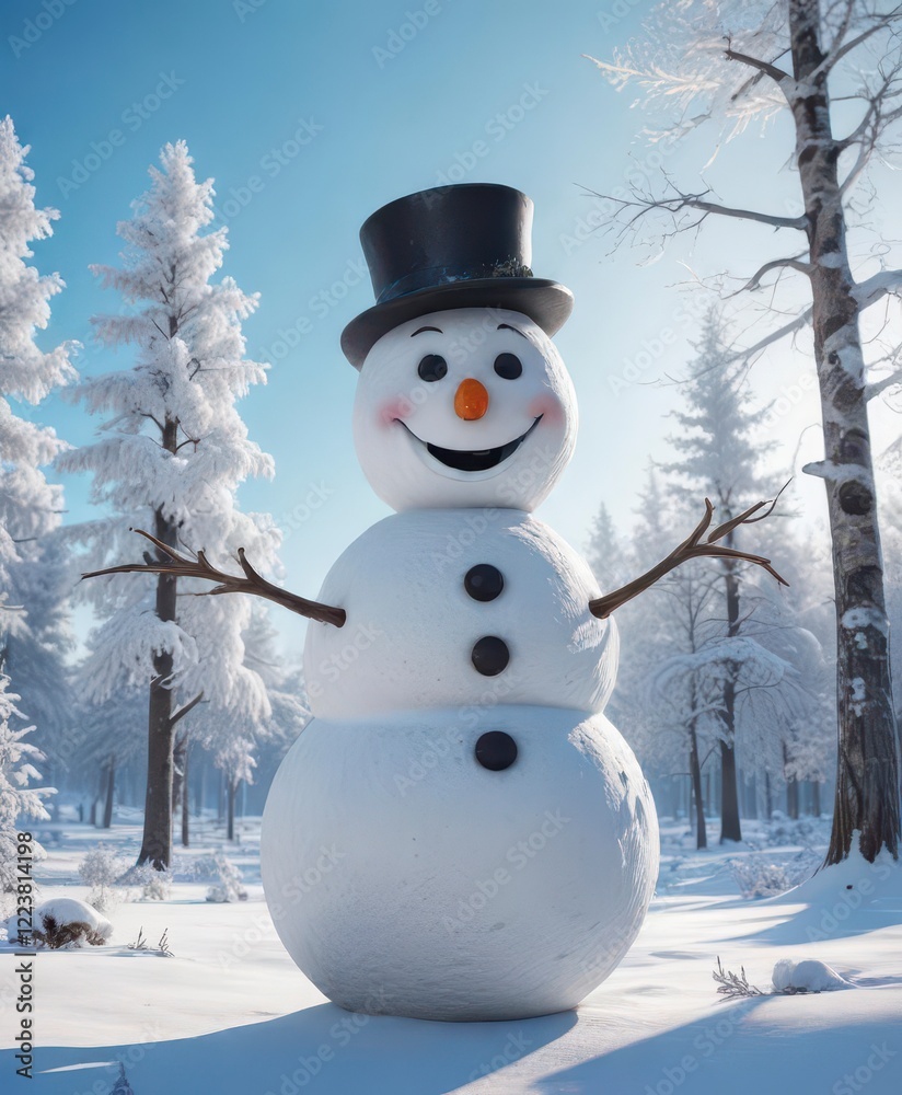 A smiling snowman stands in a serene winter landscape with frosty trees and a clear blue sky, joyful snowman, frost, snowy scene A smiling snowman stands in a serene winter landscape with frosty trees and a clear blue sky, joyful snowman, frost, snowy scene