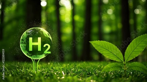 Green Hydrogen Energy: Eco-Friendly Renewable Energy Source for a Sustainable Future. Shows Hydrogen molecule (H2) growing in nature, symbolizing clean energy and environmental conservation.