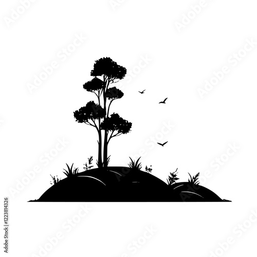 Serene Landscape: Minimalist Black and White Tree Silhouette on a Hill with Birds. Peaceful Nature Illustration