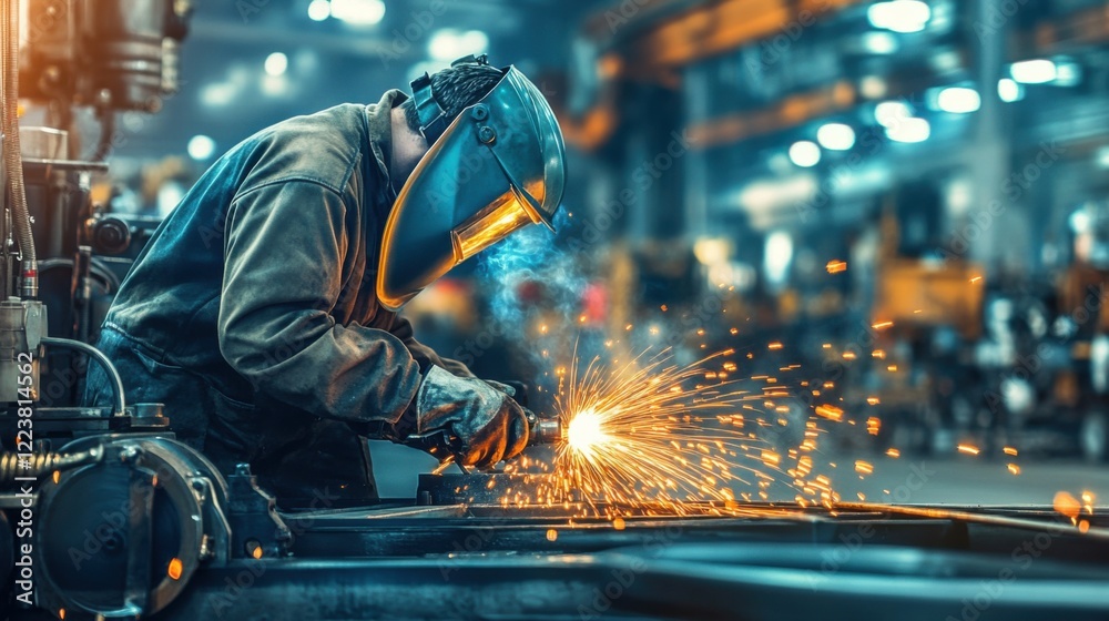 A close-up of a factory worker in protective gear welding parts for heavy machinery, with sparks flying in a busy industrial environment, Heavy machinery workshop scene A close-up of a factory worker in protective gear welding parts for heavy machinery, with sparks flying in a busy industrial environment, Heavy machinery workshop scene