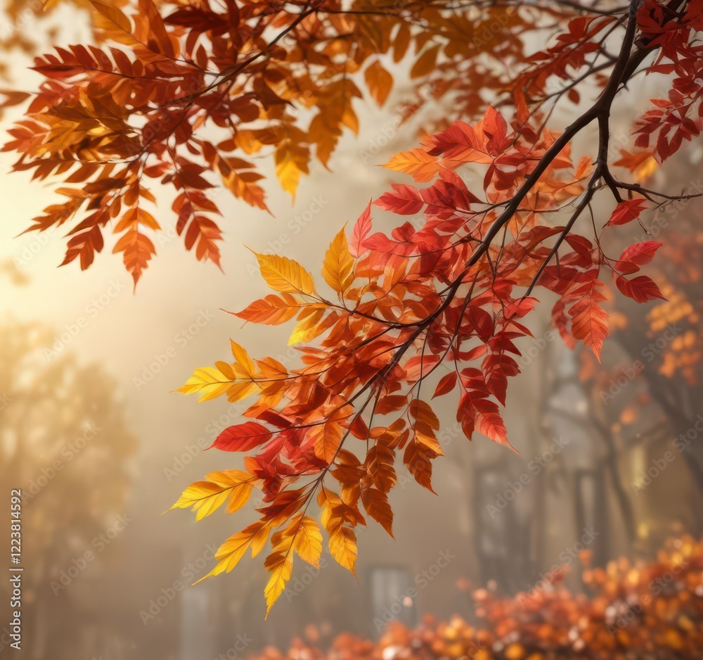 Colorful autumn branch with vibrant leaves against a warm background, nature, autumn leaves Colorful autumn branch with vibrant leaves against a warm background, nature, autumn leaves