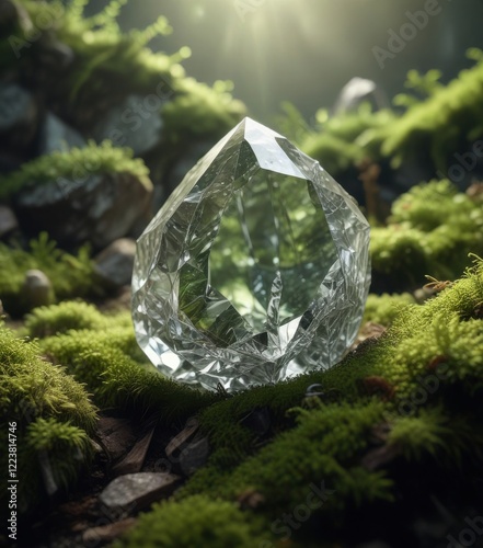 A crystal nestled in a bed of moss, natural, mystic, elemental