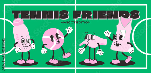 Tennis mascots cartoon poster. Playful tennis equipment characters: ball, racket, bottle, and jersey with expressive faces and gloved hands. Comic sporty friends in doodle retro style, vibrant green b