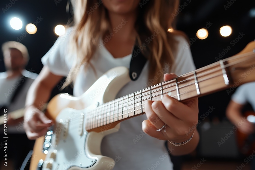 Fototapeta premium A passionate musician strums a guitar, immersed in the music, showcasing creativity, artistry, and a vibrant performance environment filled with lights.