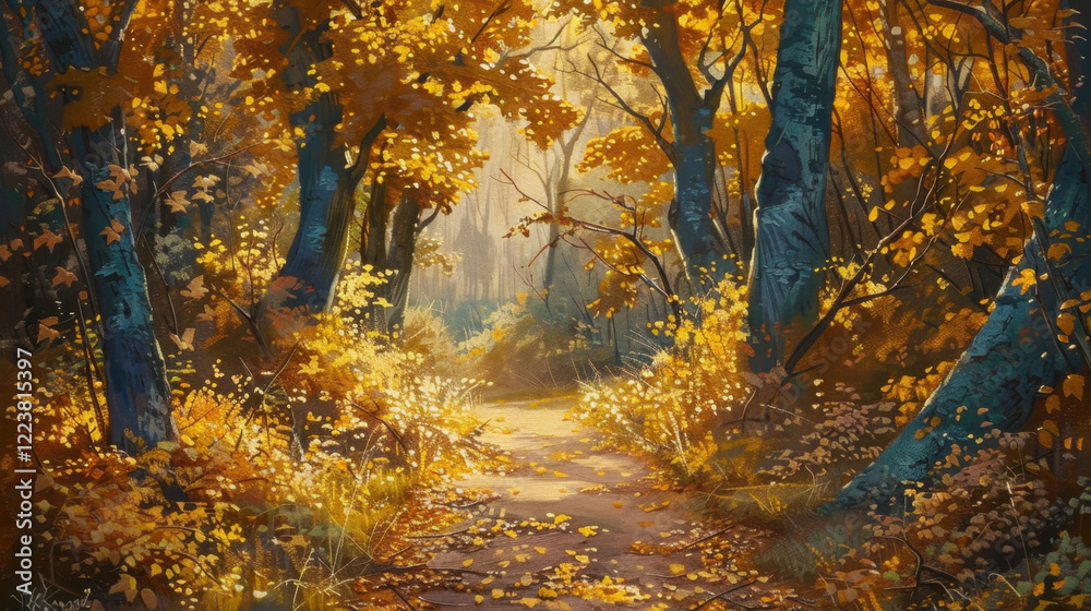 serene autumn forest path surrounded by vibrant orange and yellow leaves, illuminated by soft sunlight filtering through trees, creating peaceful atmosphere serene autumn forest path surrounded by vibrant orange and yellow leaves, illuminated by soft sunlight filtering through trees, creating peaceful atmosphere