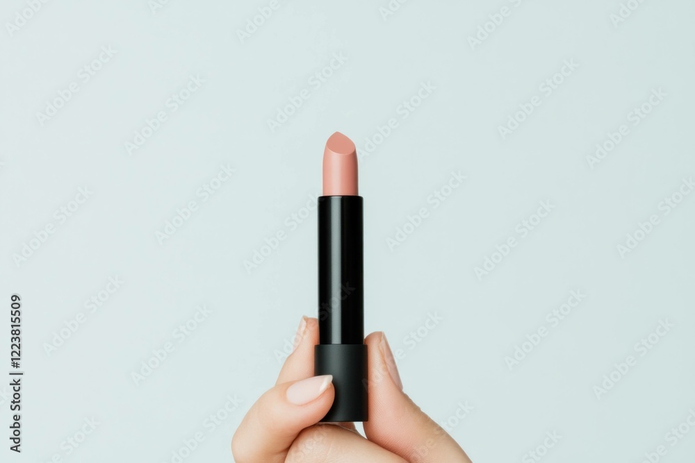 A close up of a hand holding a nude lipstick against a soft pastel background, showcasing beauty and elegance with a minimalist style that highlights cosmetic products A close up of a hand holding a nude lipstick against a soft pastel background, showcasing beauty and elegance with a minimalist style that highlights cosmetic products