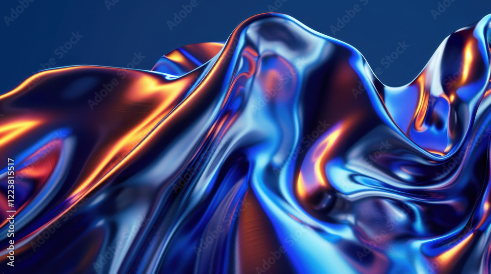 Obraz premium Abstract metallic waves with vibrant blue and orange reflections create dynamic visual effect, showcasing fluidity and modern design