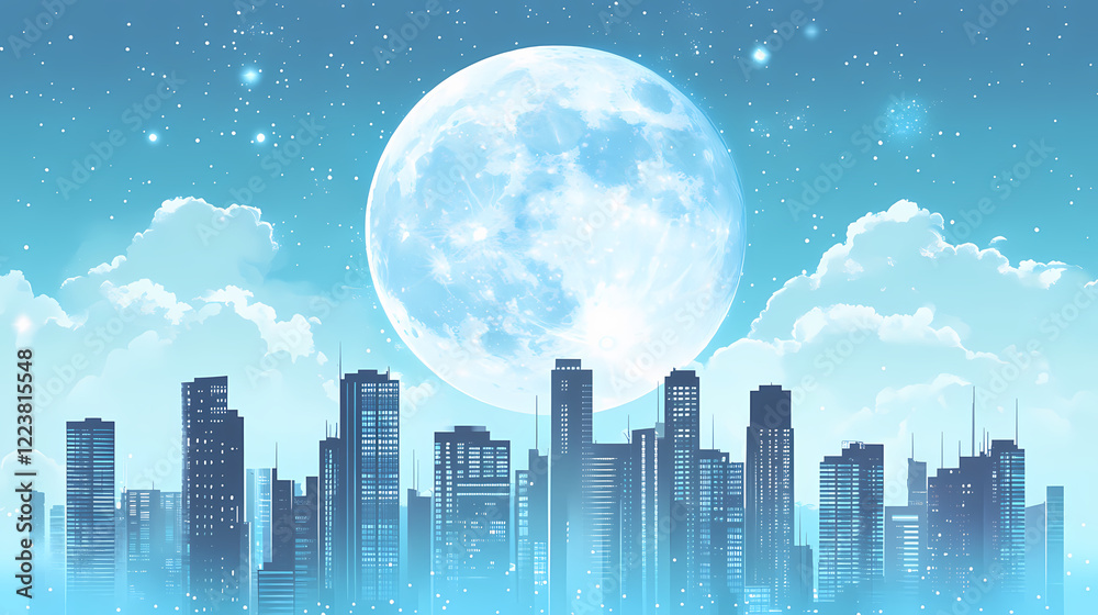 Naklejka premium A city skyline with a large blue moon in the sky. Lunar Horizon. Illustration