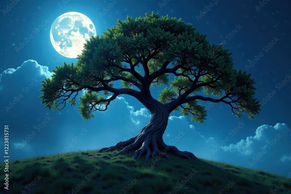 Ancient tree in moonlight, moon, forest Ancient tree in moonlight, moon, forest