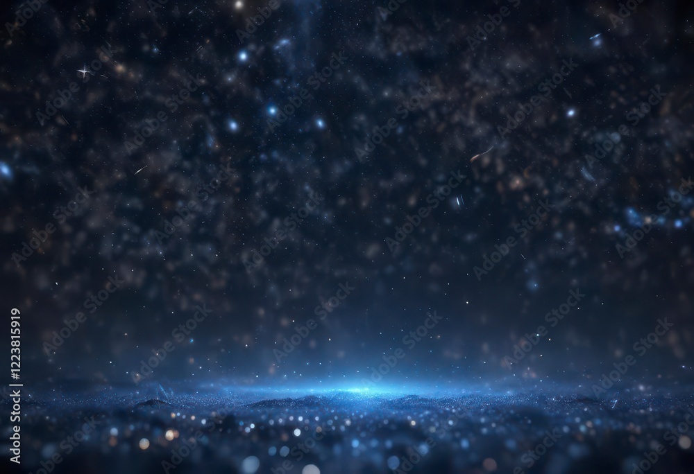 Fototapeta premium Dark blue night sky with glitter bokeh and starry light art, glitter, magic