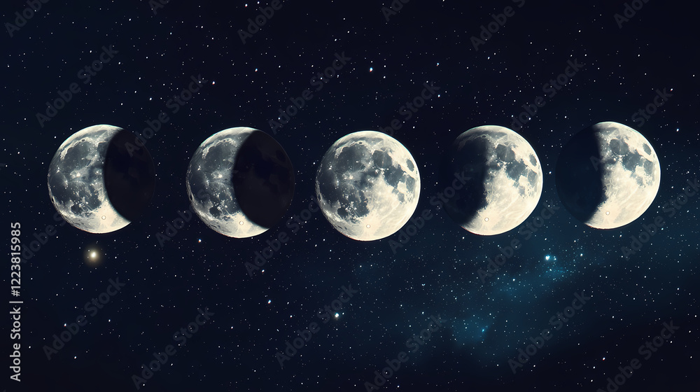 Naklejka premium A sequence of moon phases captured in a night sky, showcasing lunar transitions. Lunar Horizon. Illustration