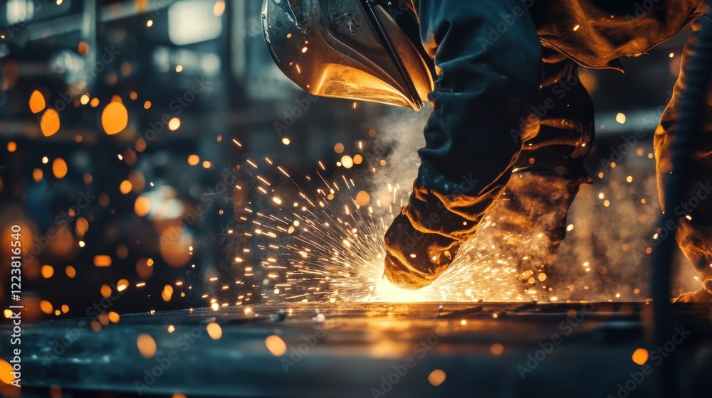 A close-up of a factory worker in protective gear welding parts for heavy machinery, with sparks flying in a busy industrial environment, Heavy machinery workshop scene A close-up of a factory worker in protective gear welding parts for heavy machinery, with sparks flying in a busy industrial environment, Heavy machinery workshop scene