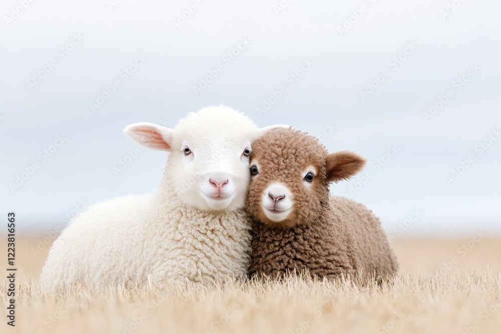 Two adorable lambs, one white and one brown, snuggling in a grassy field under a soft sky Two adorable lambs, one white and one brown, snuggling in a grassy field under a soft sky