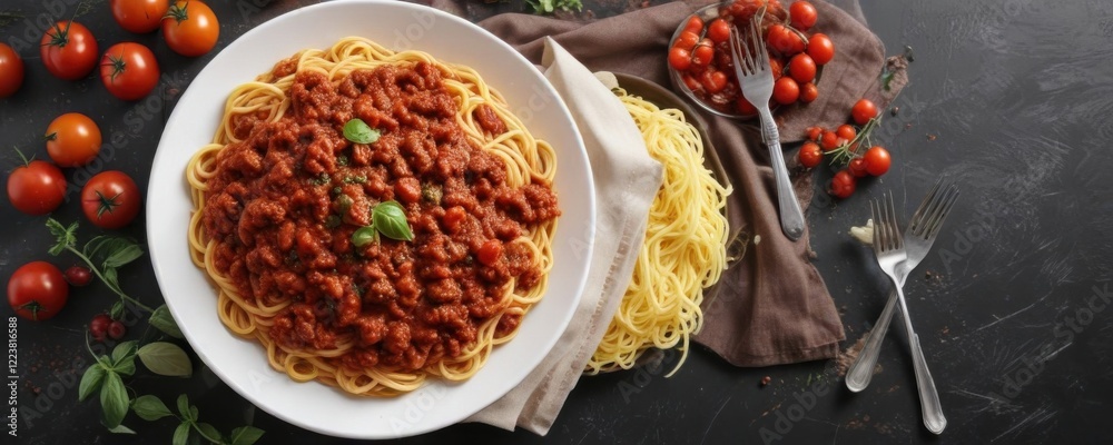 Hearty Italian spaghetti Bolognese in a rich tomato sauce , long noodles, savory Hearty Italian spaghetti Bolognese in a rich tomato sauce , long noodles, savory