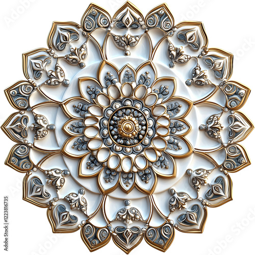 Elegant White Gold Gray Floral Ceiling Medallion 3d art home decor isolated on transparent or white background, png