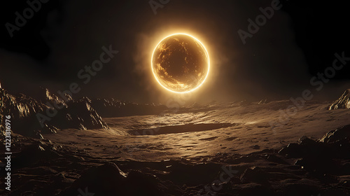 Earth from the far side of the moon, with the sun creating a glowing silhouette around the lunar horizon. Lunar Horizon. Illustration