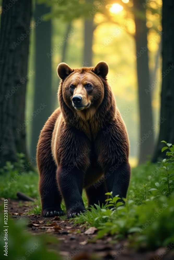 Brown Bear standing alone in the forest, landscape, northern lands Brown Bear standing alone in the forest, landscape, northern lands
