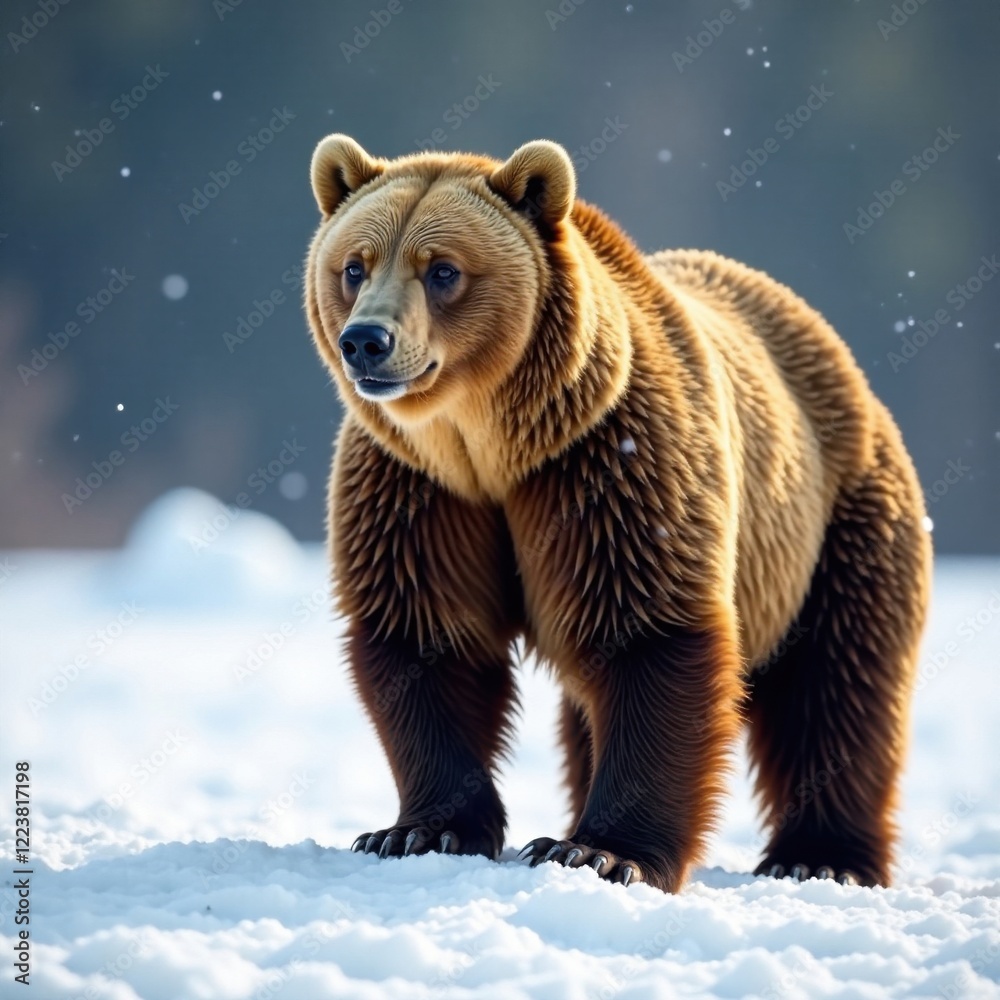 Obraz premium Brown bear standing on snow , forest, brown bear, northern land