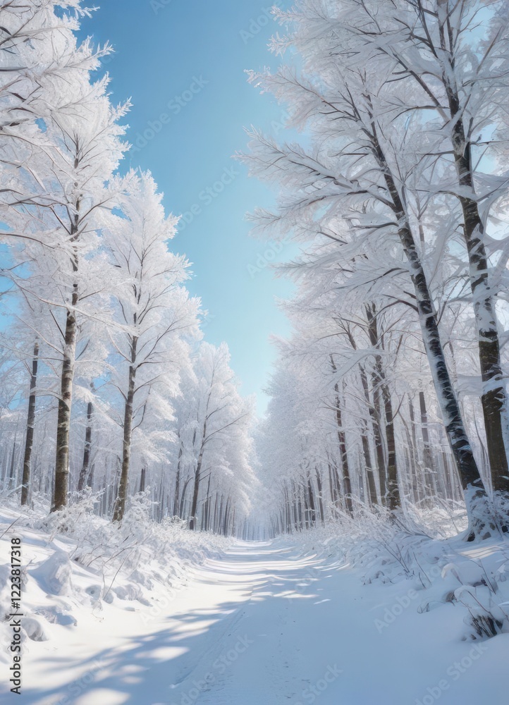Obraz premium Dense forest of snow-covered trees against a pale blue sky , forest, frozen
