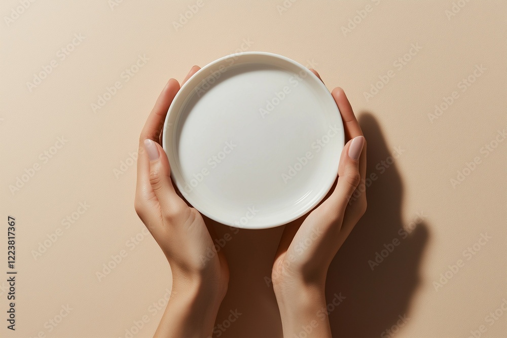 Hands holding a white plate, in a studio setting, product photography, background Hands holding a white plate, in a studio setting, product photography, background
