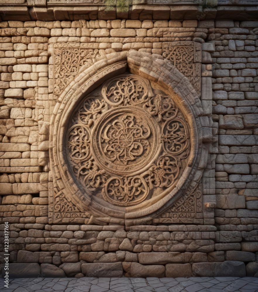 Obraz premium Intricate calligraphic patterns on ancient stone walls, architecture, design element, history