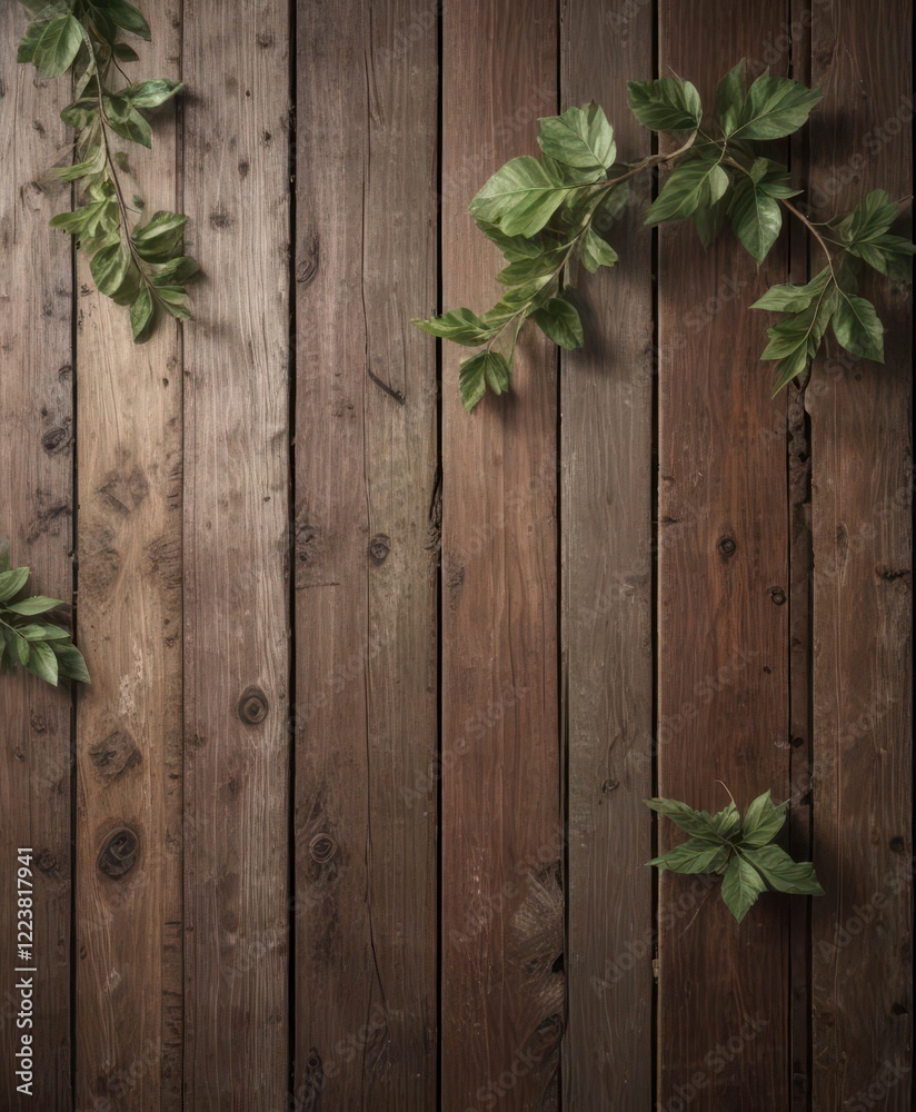 Distressed wooden plank with subtle leaf patterns , wood grain, texture Distressed wooden plank with subtle leaf patterns , wood grain, texture