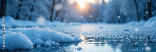Snowflakes gently falling on frozen lake's surface, lake, snowflakes, serenity