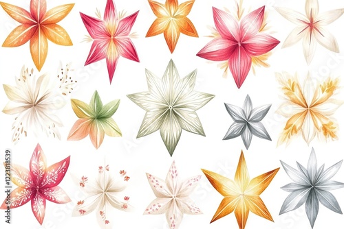 Wallpaper Mural A vibrant collection of floral illustrations showcasing various star-shaped flowers in diverse colors and designs, ideal for decorative use Torontodigital.ca