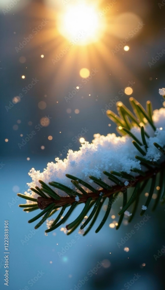 Snowflakes gently falling on pine needles under a bright sunbeam, frozen, snowflake, pine needle Snowflakes gently falling on pine needles under a bright sunbeam, frozen, snowflake, pine needle
