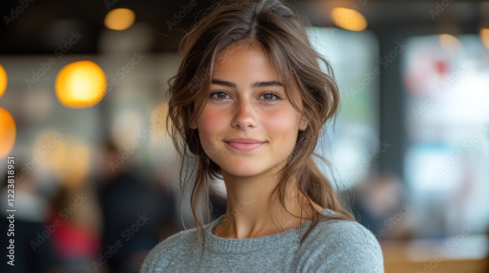 Young woman smiling warmly in a cozy caf? setting with blurred customers in the background Young woman smiling warmly in a cozy caf? setting with blurred customers in the background