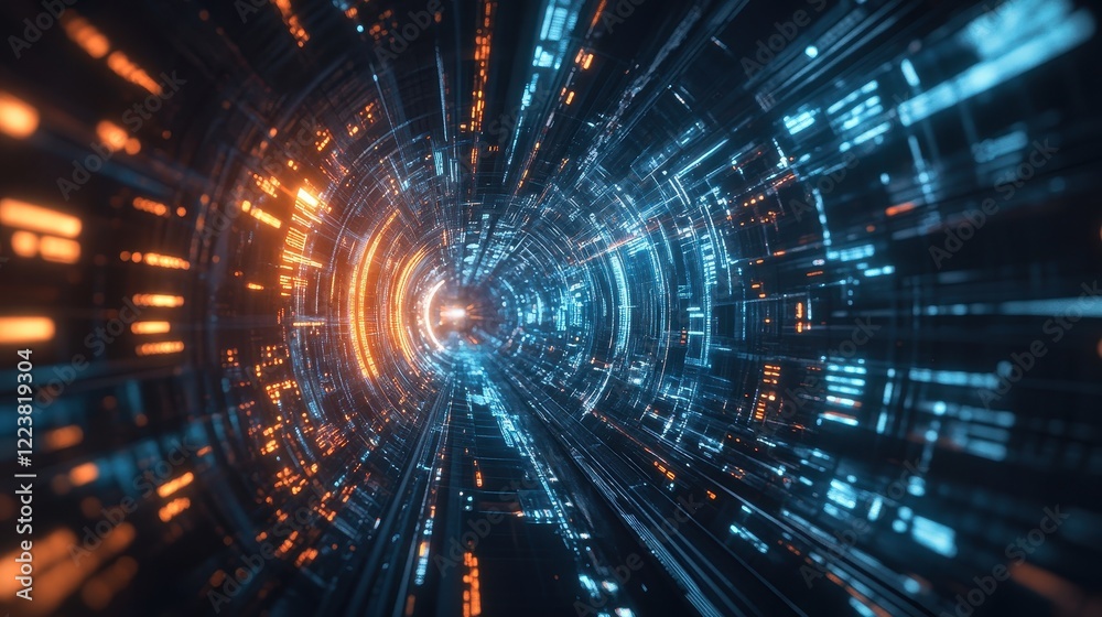 Obraz premium Futuristic Digital Tunnel Orange And Blue Light Trails