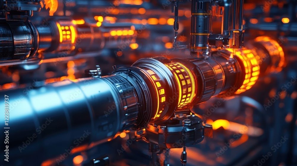 Fototapeta premium Futuristic Industrial Machinery Glowing Orange