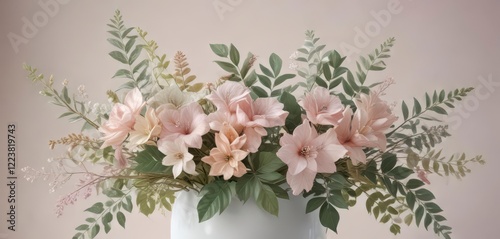 Delicate floral arrangement with intertwined leaves and soft pastel hues,  flowers,  delicate,  watercolor photo