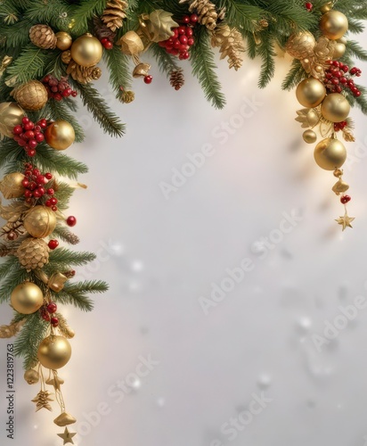 Gold garland with Christmas elements like berries, pinecones, and ornaments hanging from a branch on a snowy background,  ornaments,  snowy photo