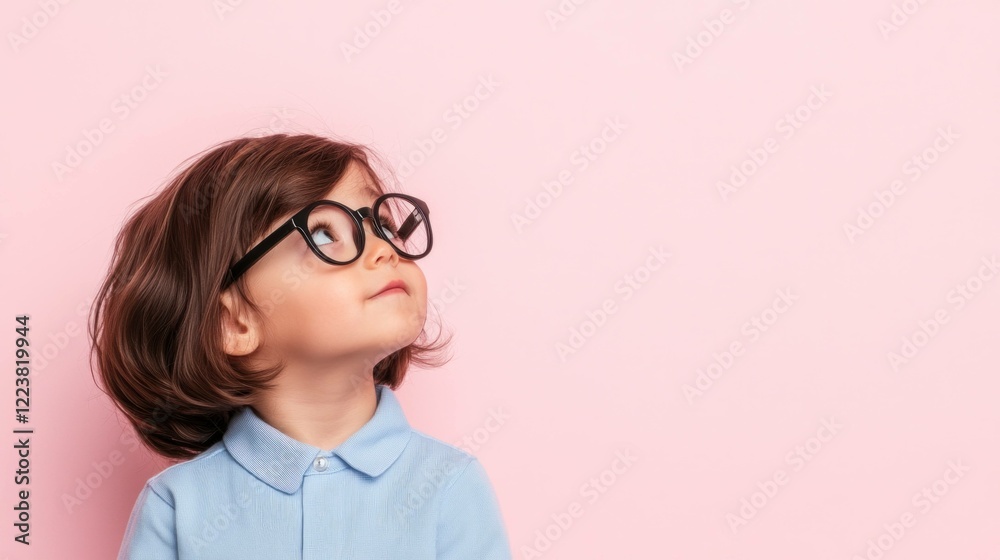 Playful young girl with glasses looking upwards against a pastel pink background, expressing curiosity and joy Perfect for education and childhood themes Playful young girl with glasses looking upwards against a pastel pink background, expressing curiosity and joy Perfect for education and childhood themes
