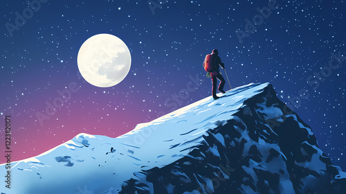 Moonlit aurora ridge: climber walking along a ridge illuminated by both the moon and the aurora borealis. Aurora Ridge. Illustration photo