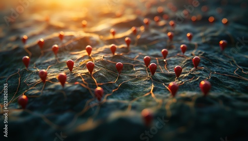 3D map with network of red location pins and geospatial connections in a minimalistic style photo