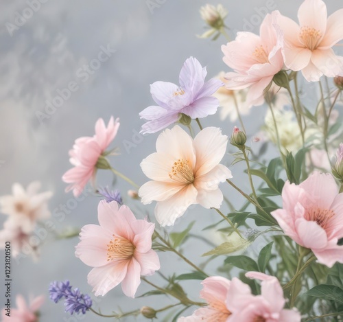 Delicate watercolor flowers in soft pastel hues ,  flower motifs,  watercolor art,  floral designs