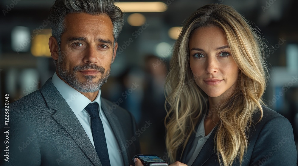 Professional business duo engaging in a discussion while holding a smartphone in a modern office Professional business duo engaging in a discussion while holding a smartphone in a modern office