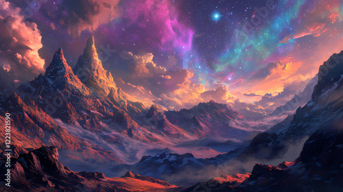 Stunning panoramic view of a majestic mountainous landscape with a dramatic colorful sky filled with mystical celestial phenomena like the aurora borealis glowing galaxies. Aurora Ridge. Illustration photo