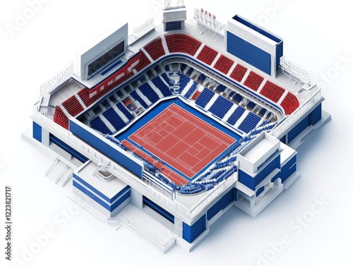 Isometric View of a Modern Tennis Stadium with Red and Blue Seating. photo