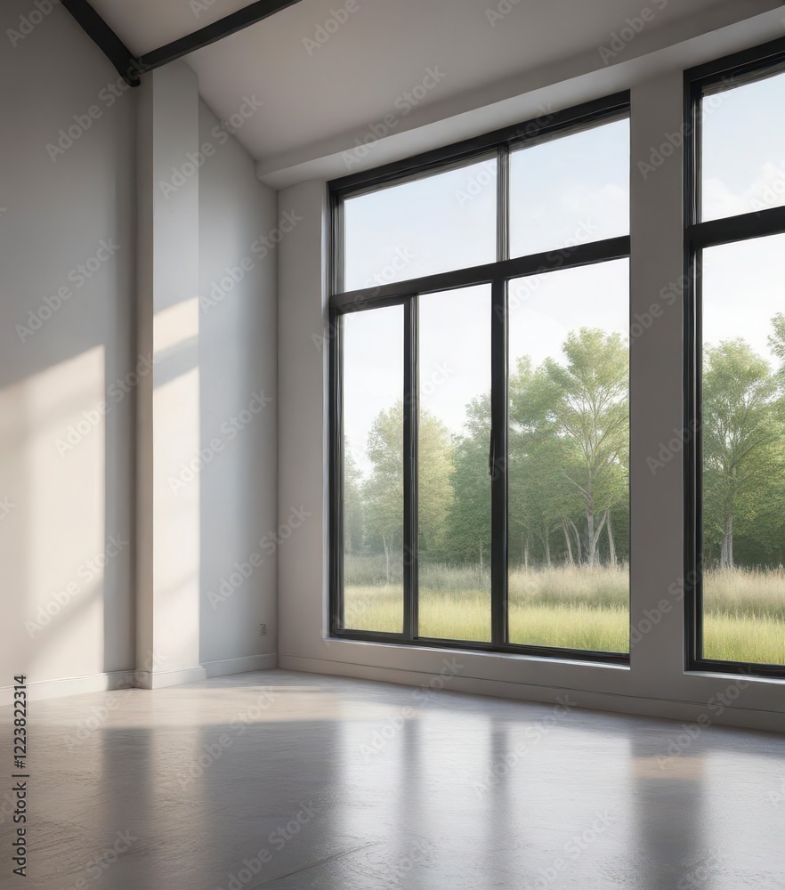 Minimalist interior with large window and empty space,  contemporary decor,  modern room