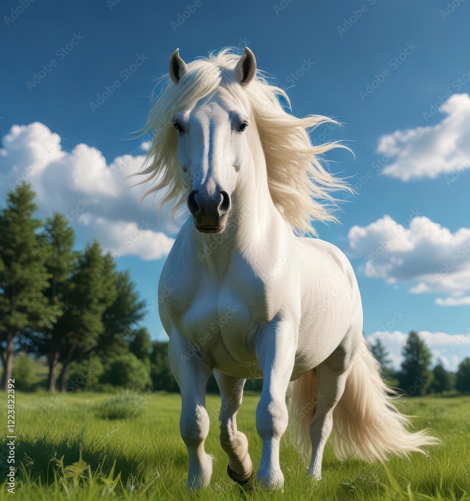 Elegant white horse with flowing mane and tail stands in a lush green meadow under a bright blue sky , peaceful , elegant, landscape Elegant white horse with flowing mane and tail stands in a lush green meadow under a bright blue sky , peaceful , elegant, landscape