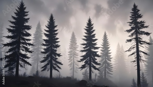 Misty fir trees silhouetted against eerie foggy sky , silhouette, misty landscape