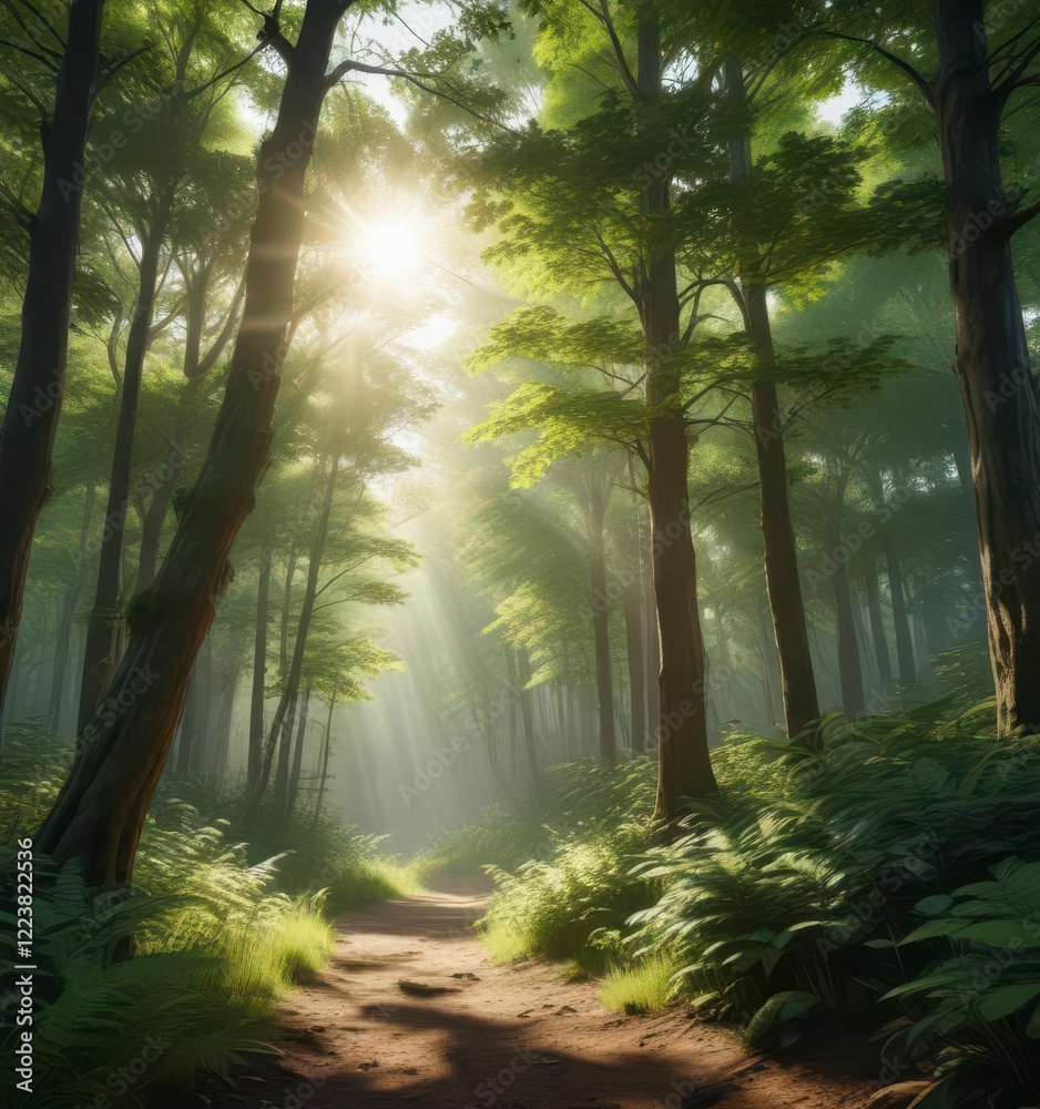 Obraz premium Lush green forest with tall trees and sunlight filtering through leaves, green forest, outdoors