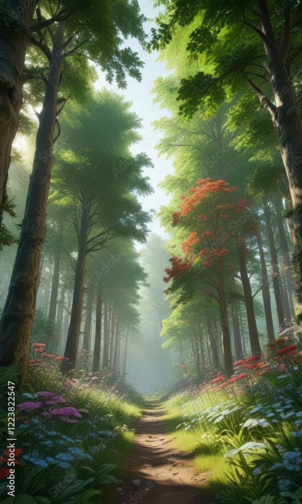 Fototapeta premium Lush green forest with tall trees and vibrant flowers , outdoors, wildflowers