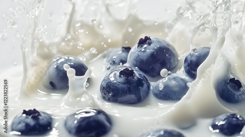 Blueberries dropping into milk
 photo