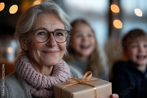 Wallpaper Mural A warm grandmother smiles gently while holding a beautifully wrapped gift, surrounded by happy grandchildren, conveying a deep sense of love and family connection during a festive moment. Torontodigital.ca